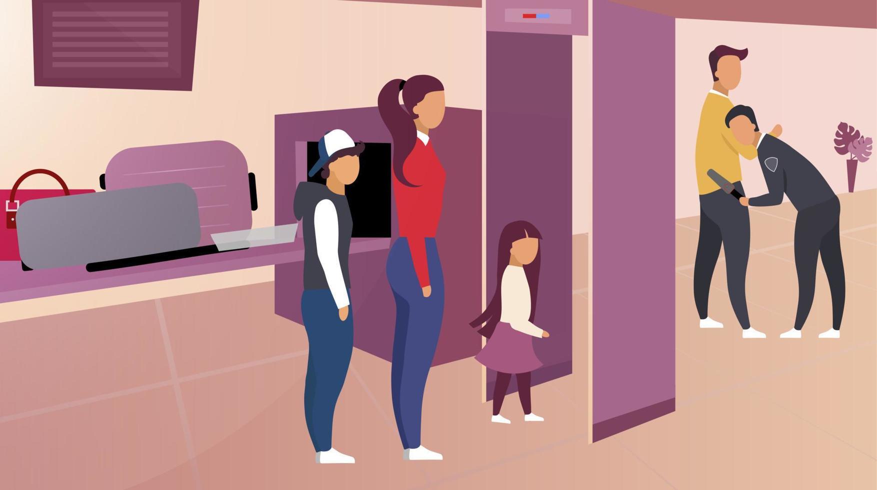 Security control in airport vector illustration. Passengers in queue pass metal detector frame. Guardian inspecting tourist with scanning equipment. Luggage on conveyor belt moves to x-ray scanner