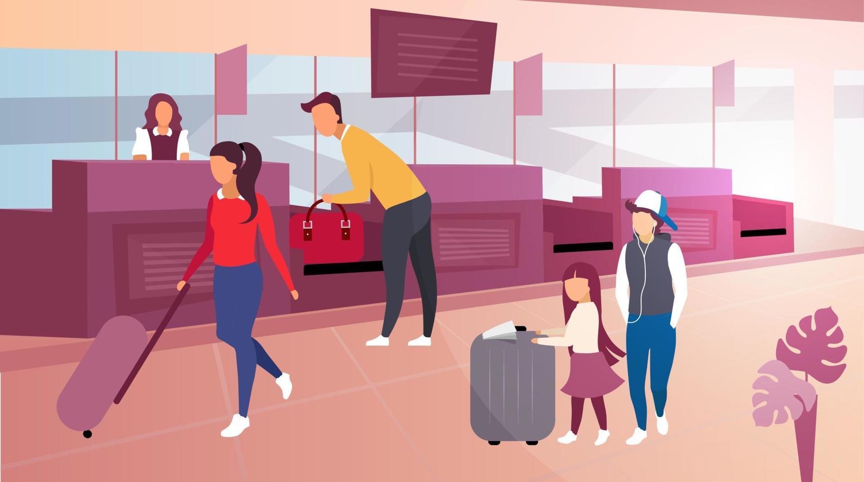 Luggage check in airport flat vector illustration. Cartoon tourists carrying suitcases. Male passenger, traveler submitting bag for customs officer control. Father taking luggage from conveyor belt