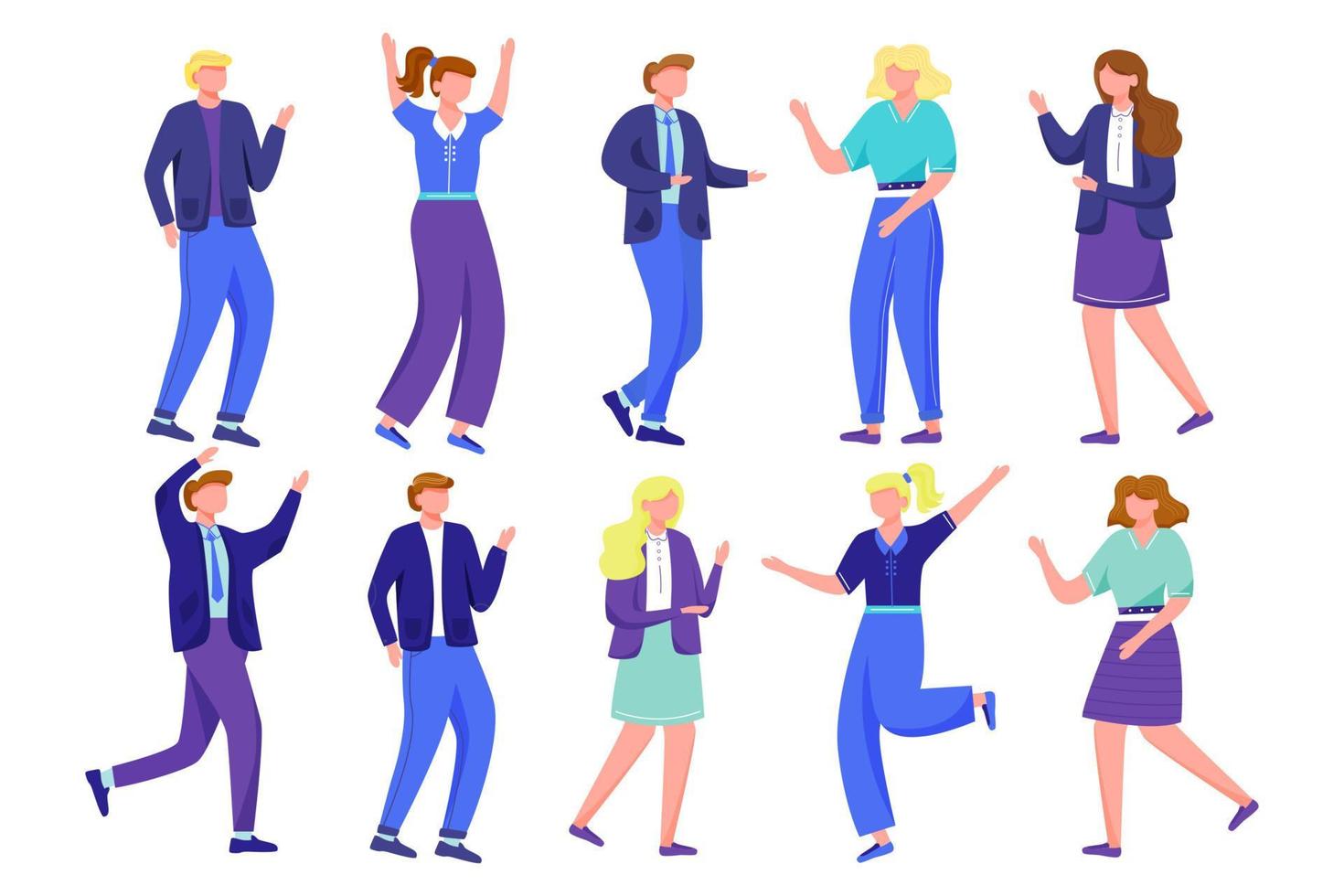 Dancing people flat vector illustrations set. Happy young men and women. Joyful students on holiday celebration. High school party event. Cheerful boys and girls isolated cartoon characters