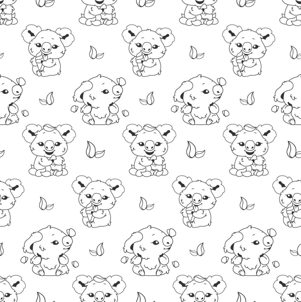 Cute koala linear kawaii characters seamless pattern. Positive wrapping  paper, wallpaper. Adorable and funny vector animal. Anime baby koala eating  ice cream and playing with butterflies 4379372 Vector Art at Vecteezy