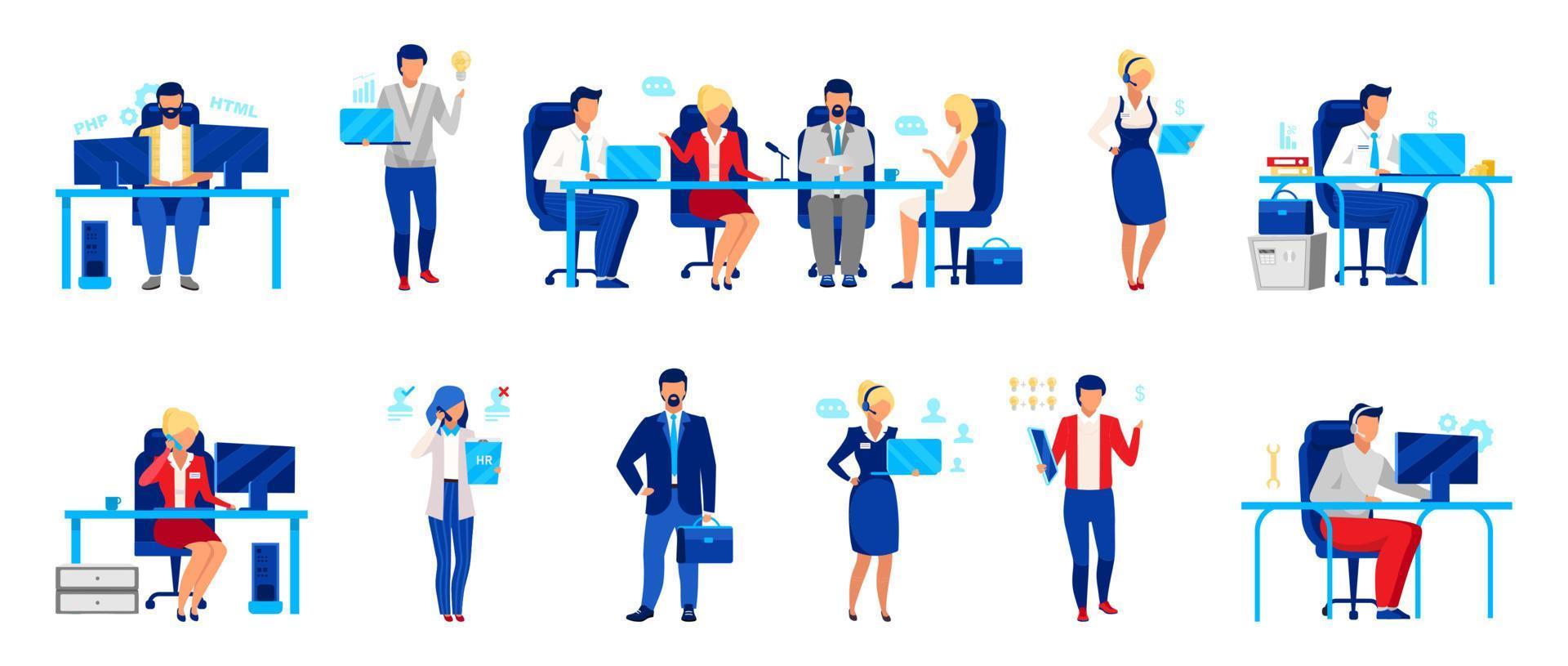 Business company staff flat vector illustrations set. Programmer, directors board, analyst. Workers isolated cartoon characters. Financier, accountant, HR manager, and customer support operator