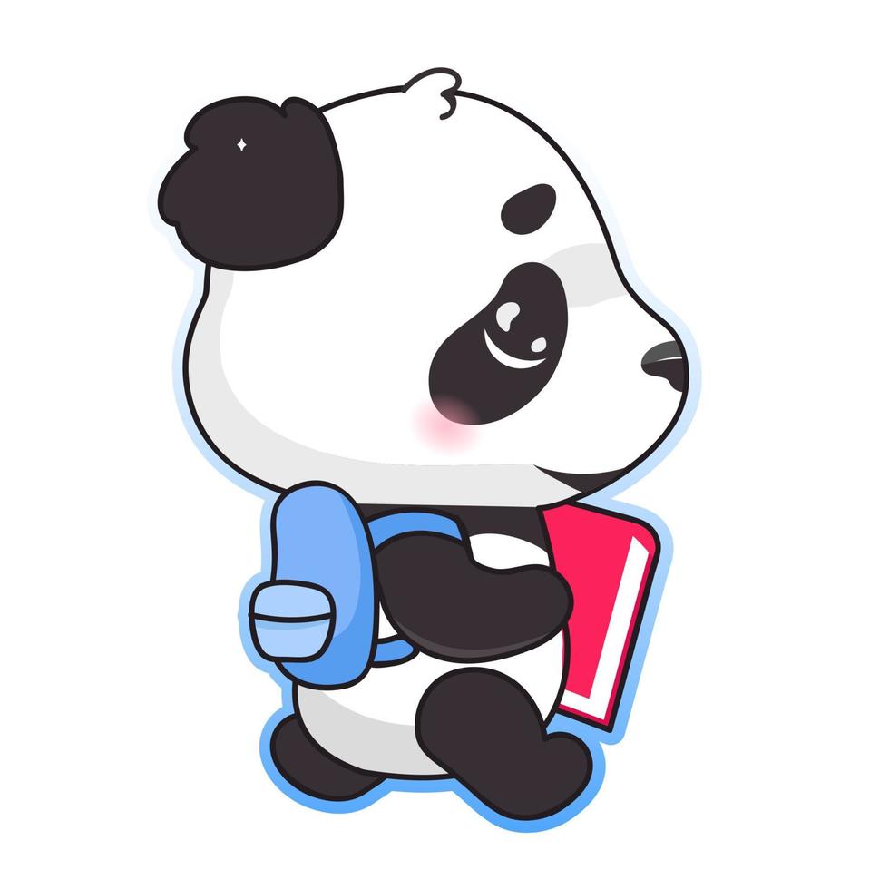 Cute panda back to school kawaii cartoon vector character. Adorable, happy and funny animal with backpack and book isolated sticker, patch. Anime baby panda bear emoji on white background