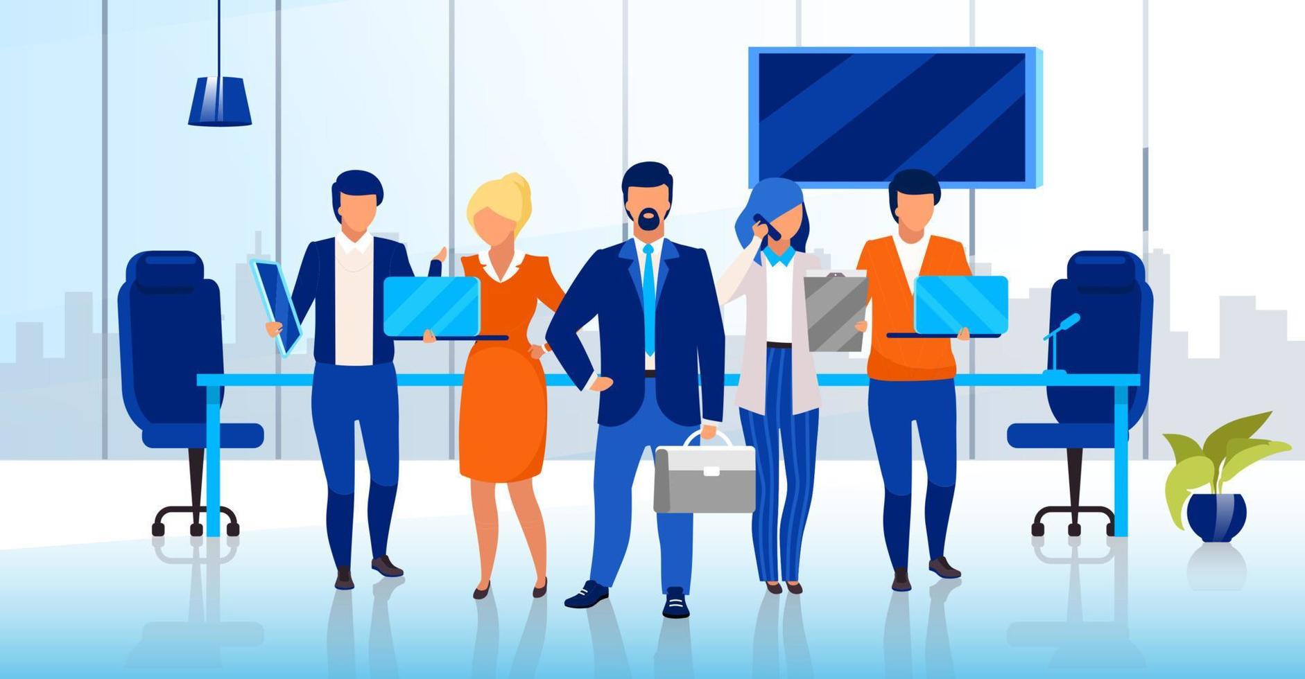 Professional business team flat vector illustration. Confident businessmen and businesswomen cartoon characters. Successful company staff, corporate personnel. Office workers, directors board