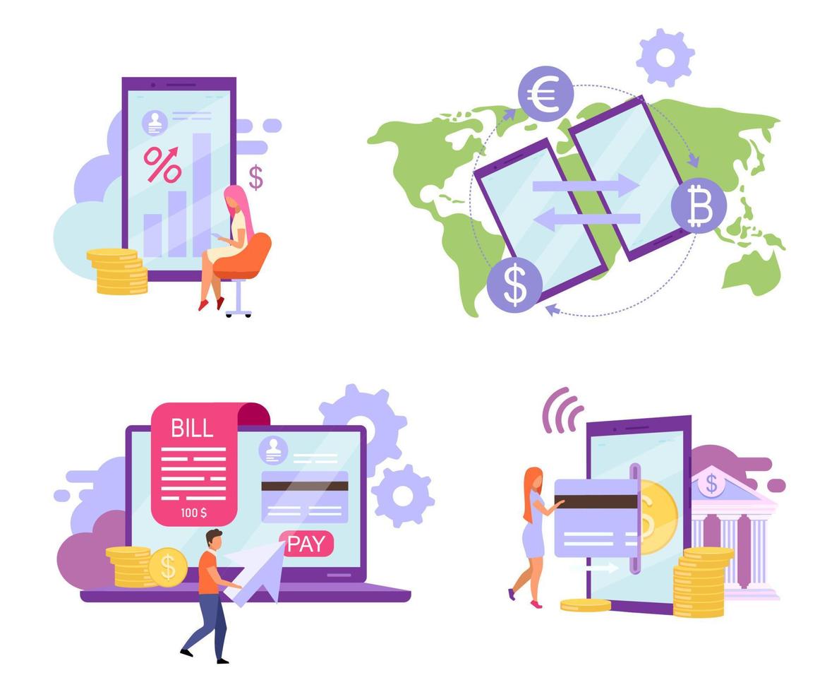 Online banking flat vector illustrations set. Deposit high interest rate concept. Billing system, credit card money transfer, e payments app cartoon metaphors. Instant financial transactions, ewallet