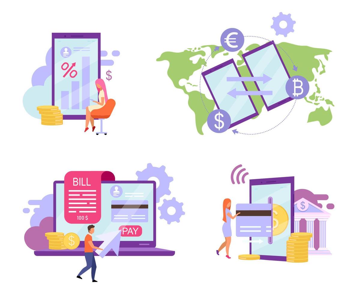 Conjunto de ilustraciones vectoriales planas de banca en línea. depositar concepto de alta tasa de interés. sistema de facturación, transferencia de dinero con tarjeta de crédito, metáforas de dibujos animados de la aplicación de pagos electrónicos. transacciones financieras instantáneas, ewallet vector