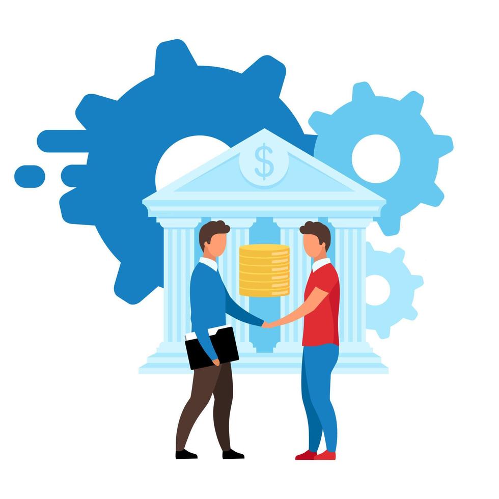 Banking service flat vector illustration. Customized solutions isolated metaphor. Banker and investor, bank client handshaking cartoon characters. Investment, loan, deposit offer concept