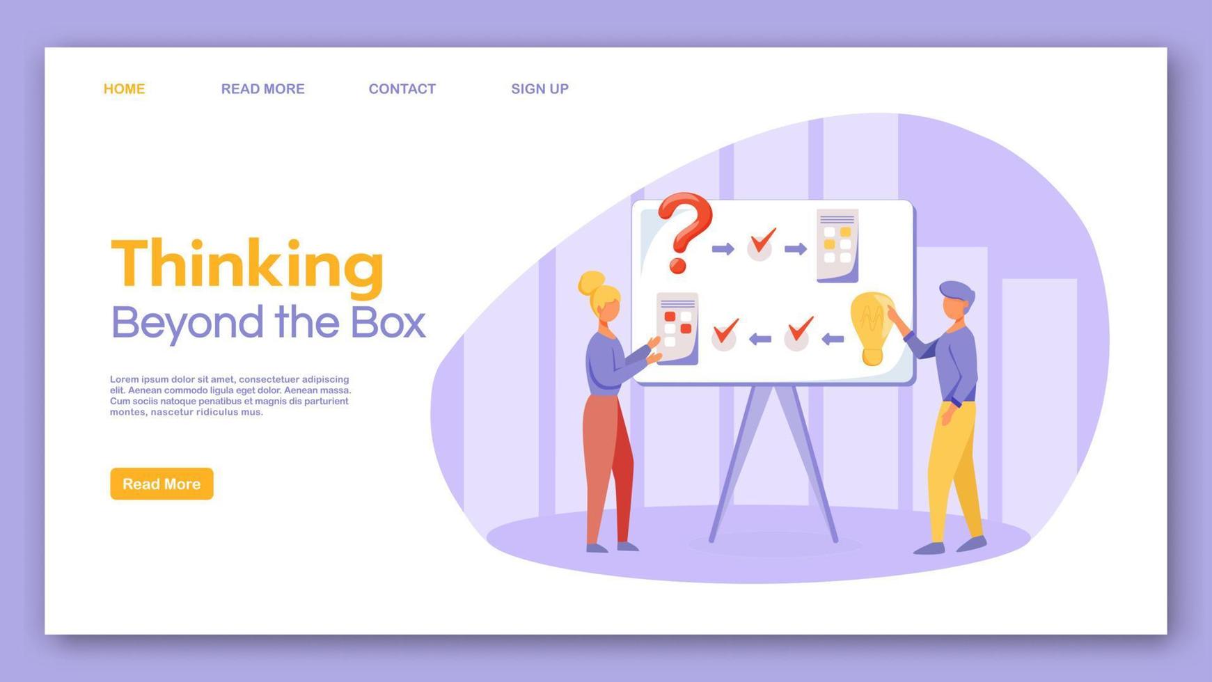 Thinking beyond the box landing page vector template. Brainstorming website interface idea with flat illustrations. Office meeting homepage layout. Teamwork web banner, webpage cartoon concept