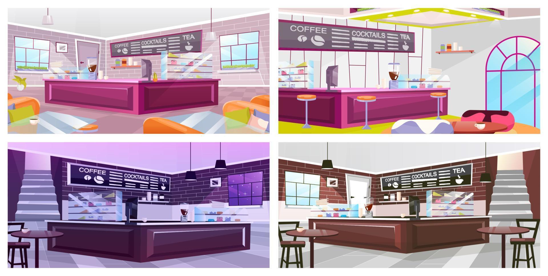 Coffeehouse interior flat vector illustrations set. Luxury restaurant furnishing inside. Empty bar, nightclub counter, chalkboard menu. Cartoon wooden tables and chairs in spacious hall