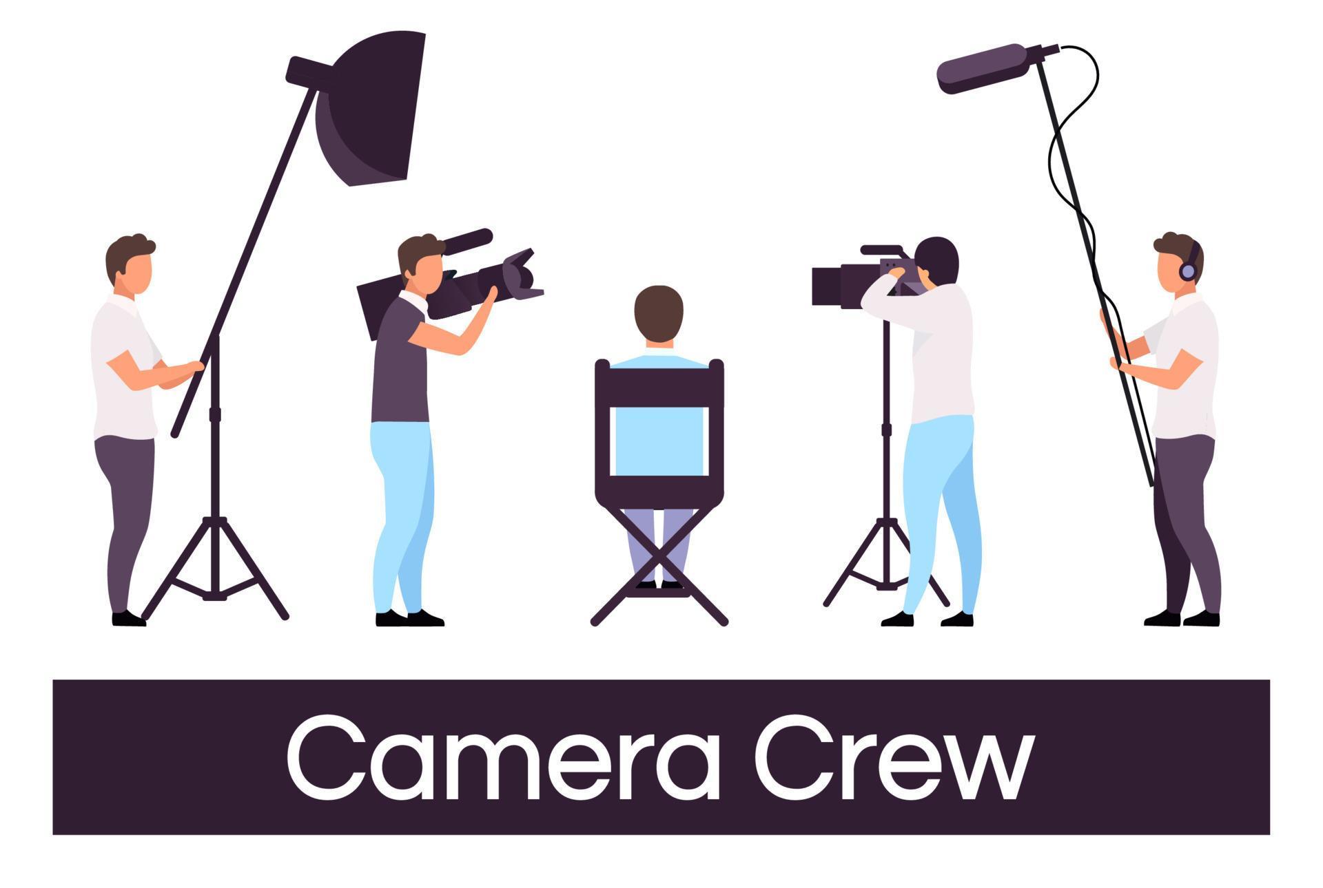 Camera crew flat vector illustrations set. Director sitting in chair