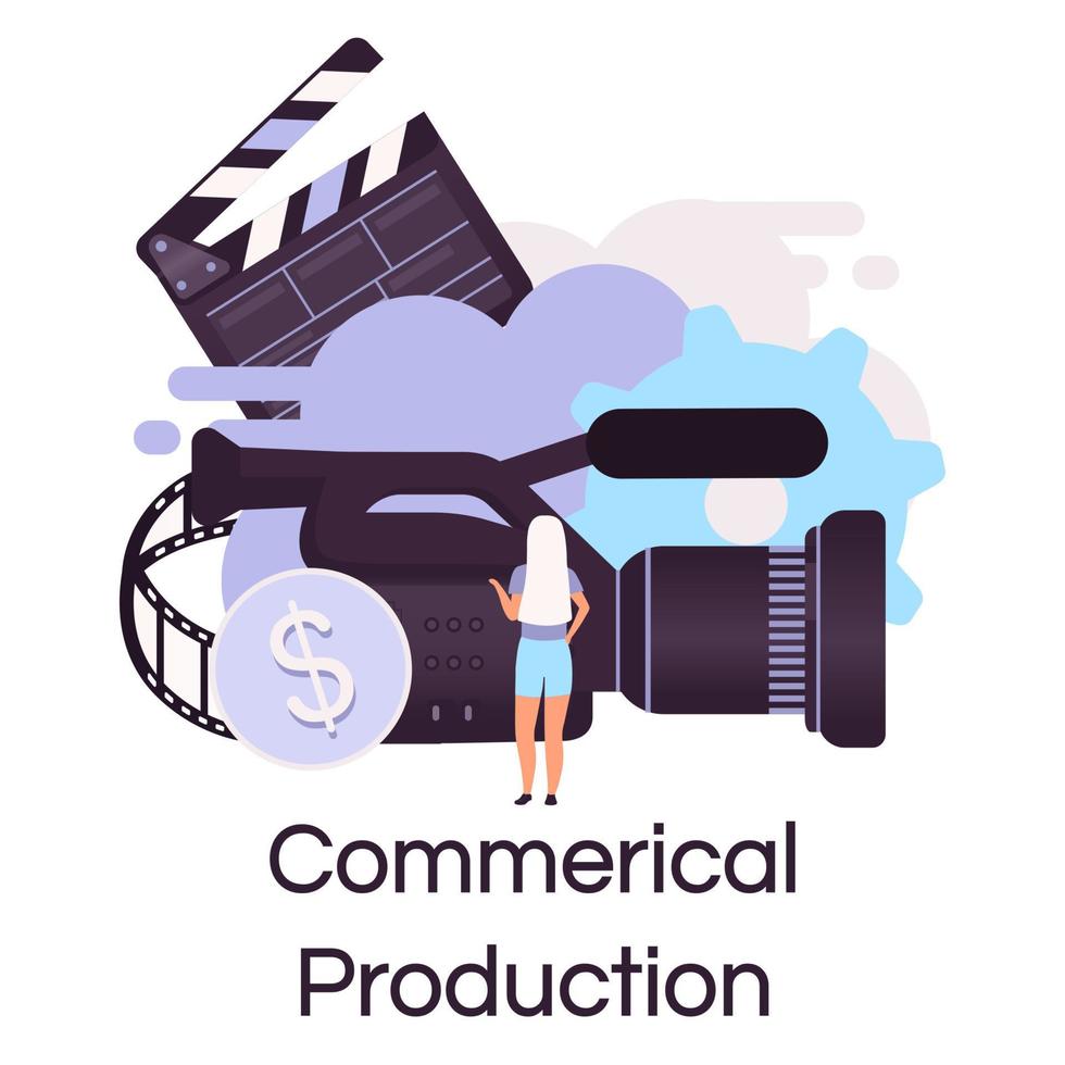 Commercial production flat concept icon. Videography, photography and filmmaking sticker, clipart. TV advertisement and promotion shooting. Isolated cartoon illustration on white background vector