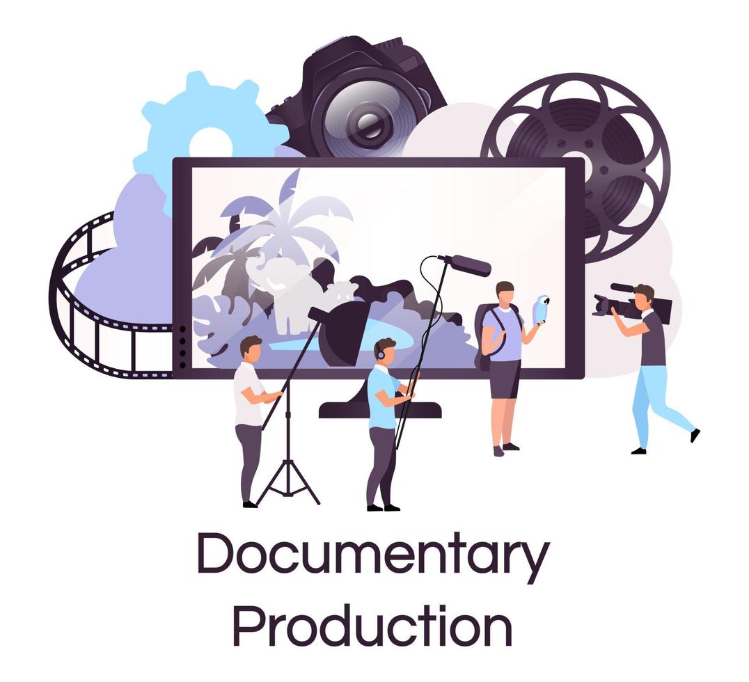 Documentary production flat concept icon. Filmmaking, broadcasting and cinematography sticker, clipart. Director, actor and cameraman crew. Isolated cartoon illustration on white background vector