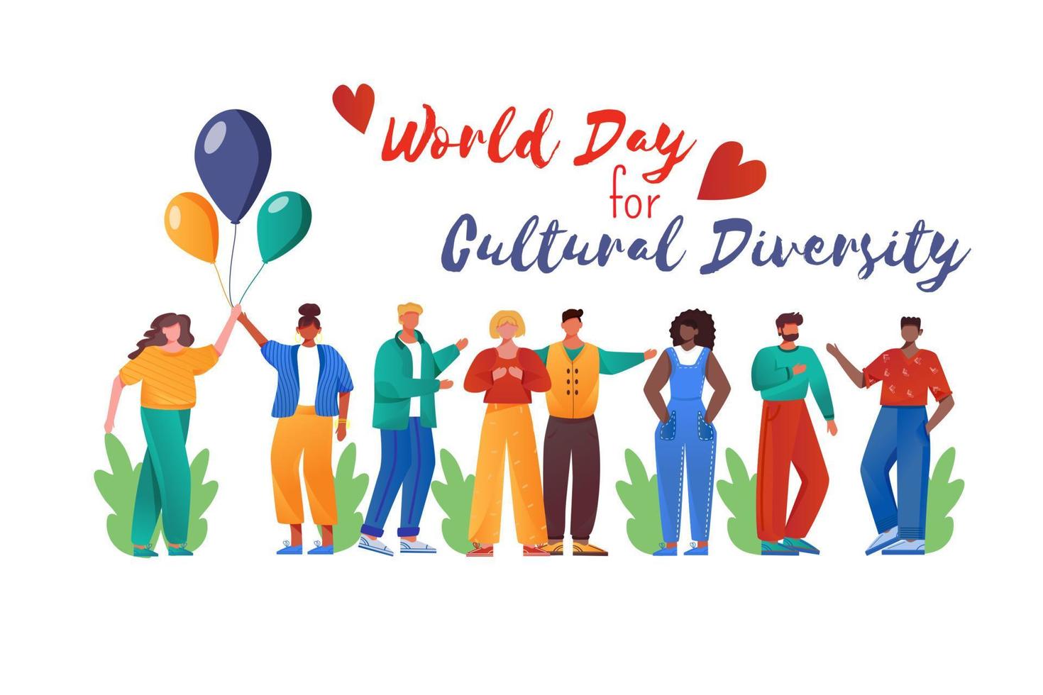 plantilla de vector de cartel plano del día mundial de la diversidad cultural. feriado internacional. personas multirraciales aislaron personajes de dibujos animados en blanco. pancarta, folleto, diseño de folleto, lugar para el texto