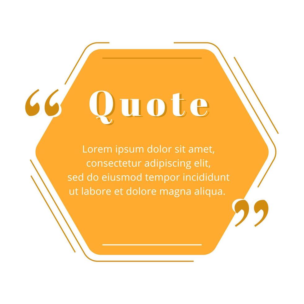 Quote blank frame vector template. Orange speech bubble. Quotation, citation text box design. Hexagon with rounded edges empty textbox background for message, comment, note