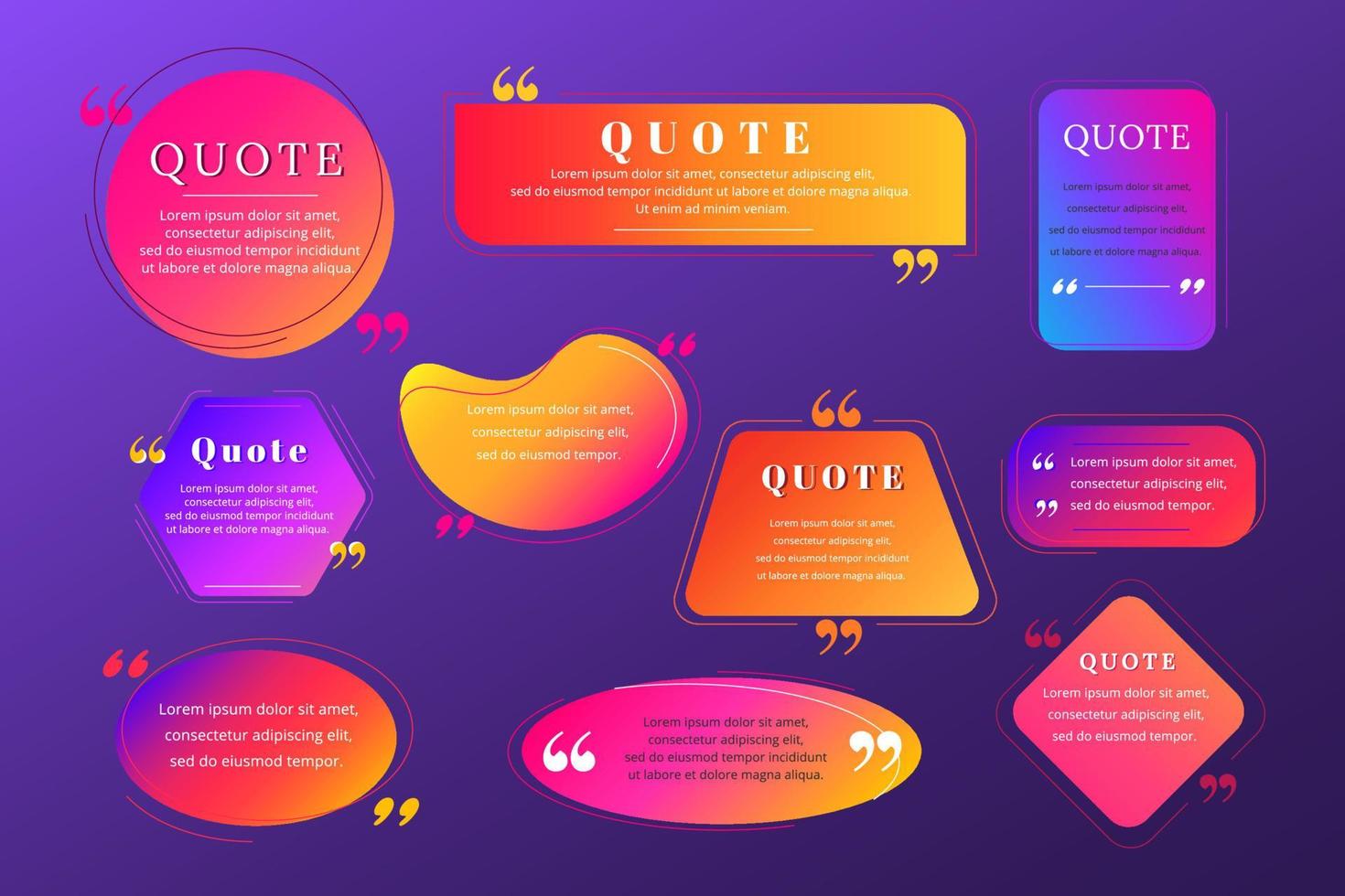 Quote blank frame vector template set. Red, orange, blue, purple gradient speech bubble. Quotation, citation text box design. Circle, rectangle empty textbox background for message, comment, note