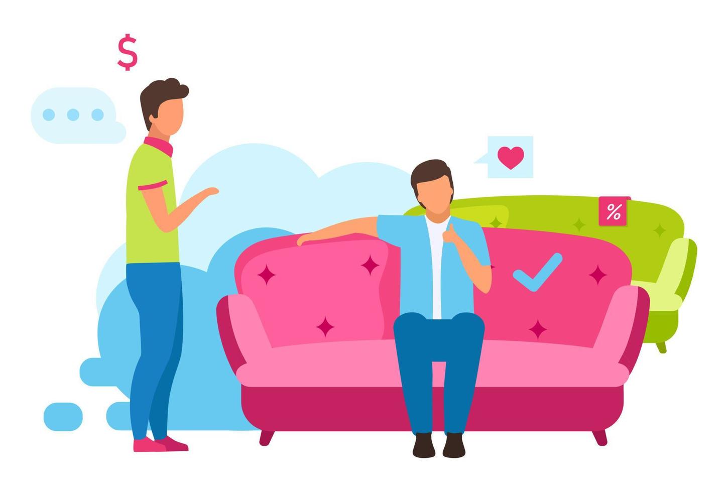 Man buying couch flat vector illustration. Boy choosing comfortable sofa for interior design, shop assistant helping customer cartoon characters. Consumer making purchases in furniture store