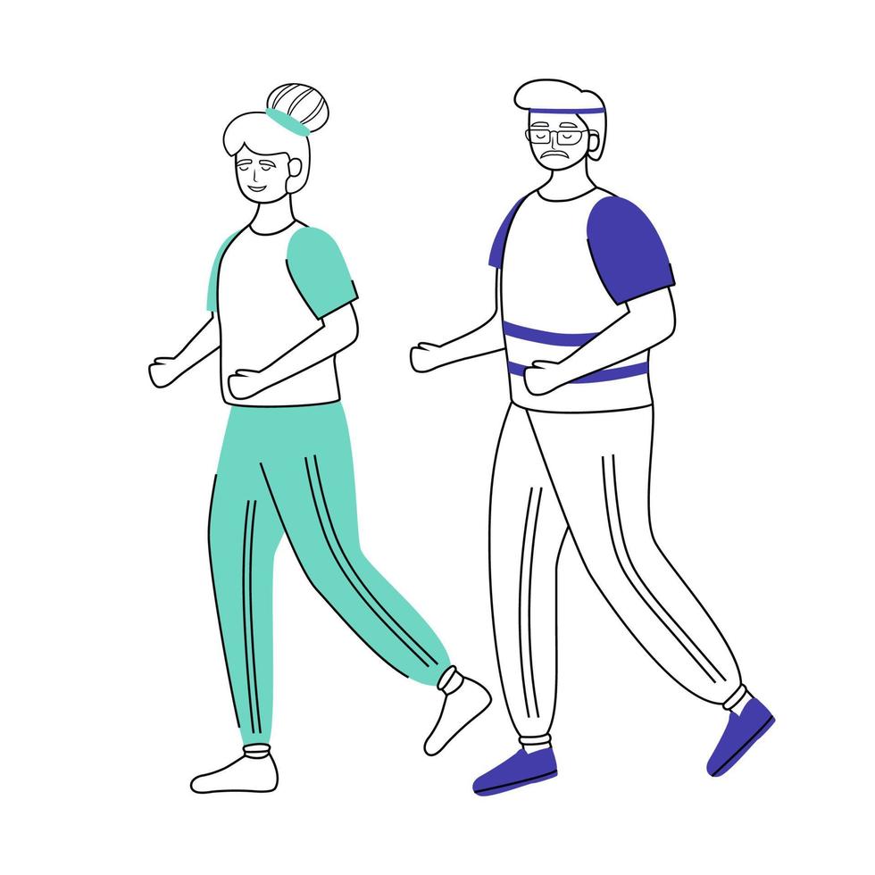 Retired people training flat vector illustration. Healthy lifestyle. Old couple in tracksuits are running. Active pensioners isolated cartoon characters, outline elements on white background