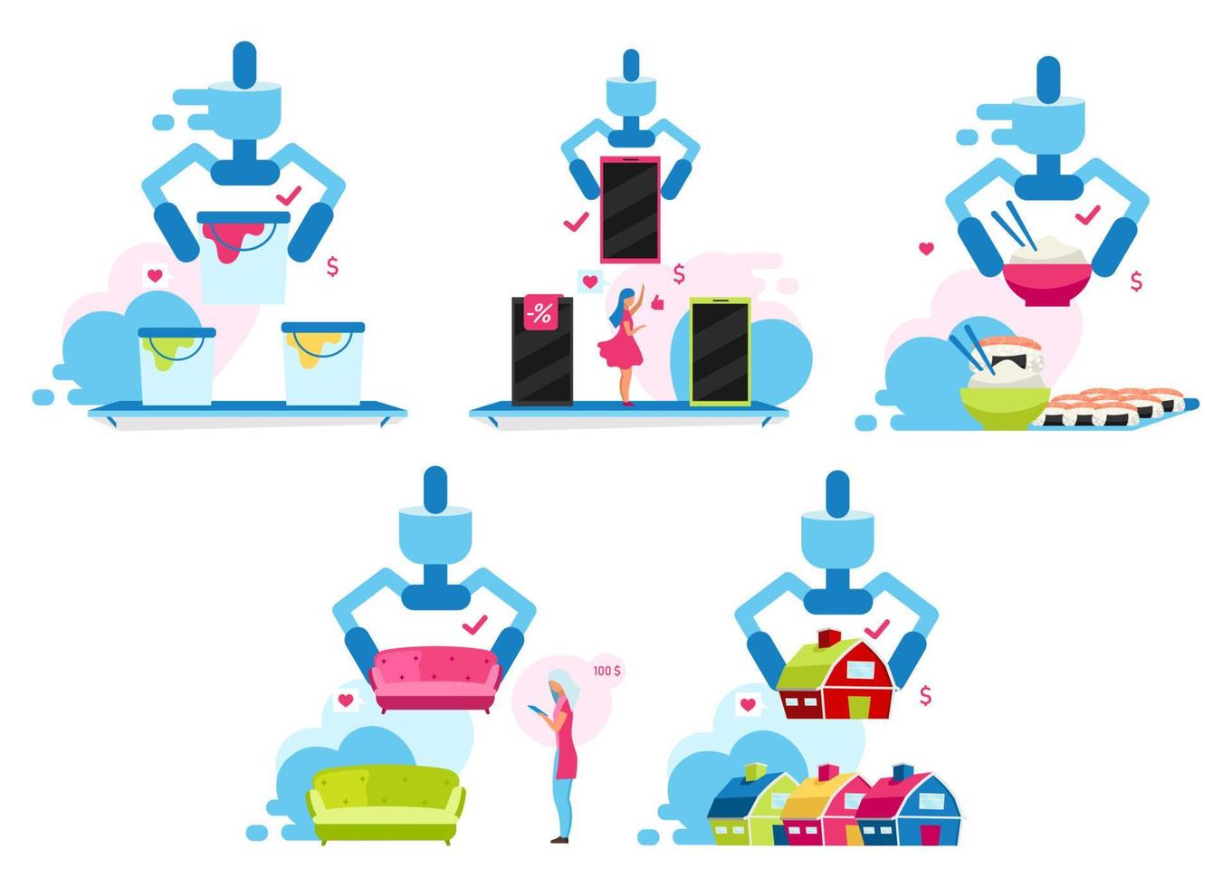 Customer making choice flat vector illustrations set. Consumers choosing goods in appliance store, furniture online delivery cartoon characters. Real estate services, restaurant menu