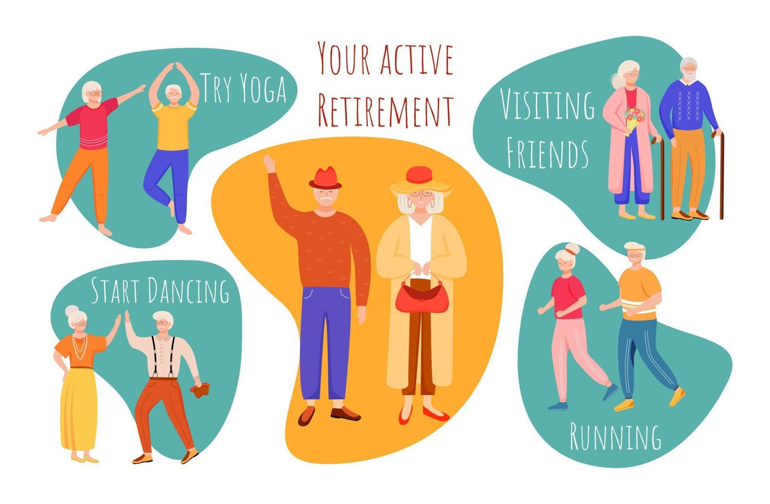 Your active retirement vector infographic template. Try yoga. Poster, booklet page concept design with flat illustrations. Start dancing. Advertising flyer, leaflet, banner layout idea