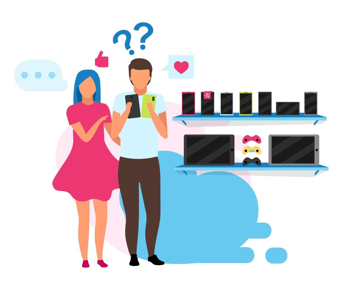 Couple choosing smartphone flat vector illustration. Boyfriend and girlfriend buying phone in appliance store cartoon characters. Customers in store buying new cell phone. Family doing purchases mall