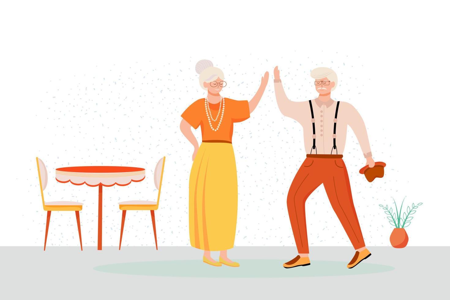 Retired people dancing flat vector illustration. Senior age family. Old couple spends time together at home. Indoor interior. Romantic pastime. Pensioners in retro casual clothing cartoon characters