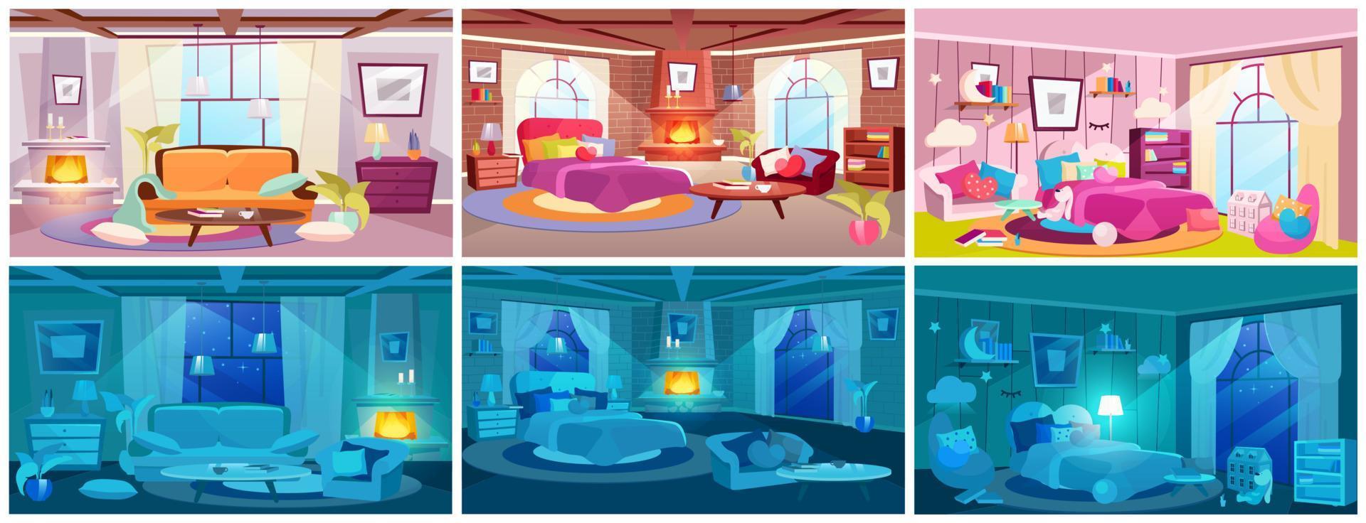 Room interiors flat vector illustrations set. Daytime and night time home interiors view. Classic living room and bedroom design. Fireplace with burning flames. Cartoon messy and tidy apartment