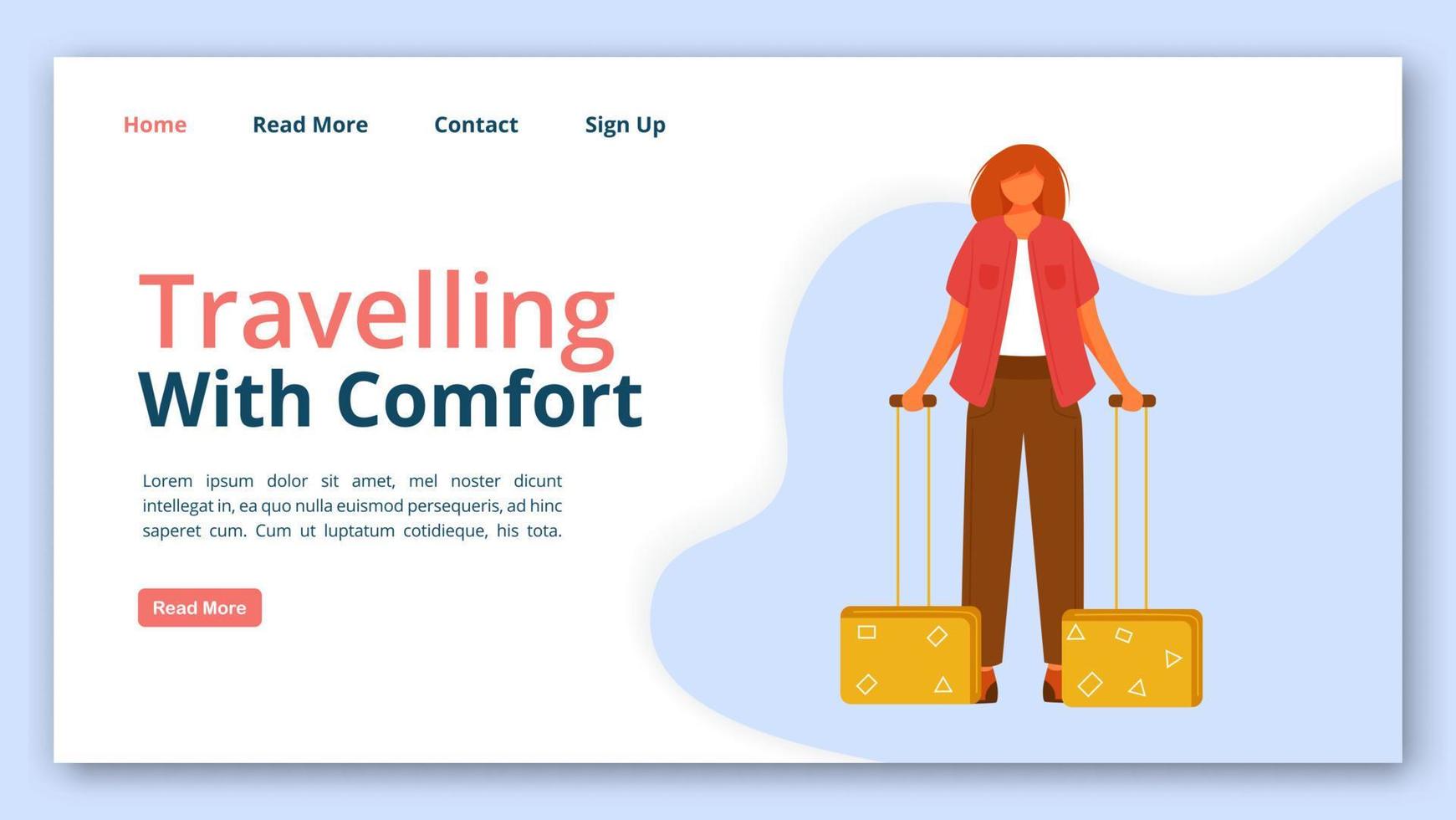 viajando con comodidad plantilla de vector de página de destino. idea de la interfaz del sitio web del operador turístico con ilustraciones planas. diseño de la página de inicio de la agencia de turismo. Banner de web de guía de viajero, concepto de dibujos animados de página web