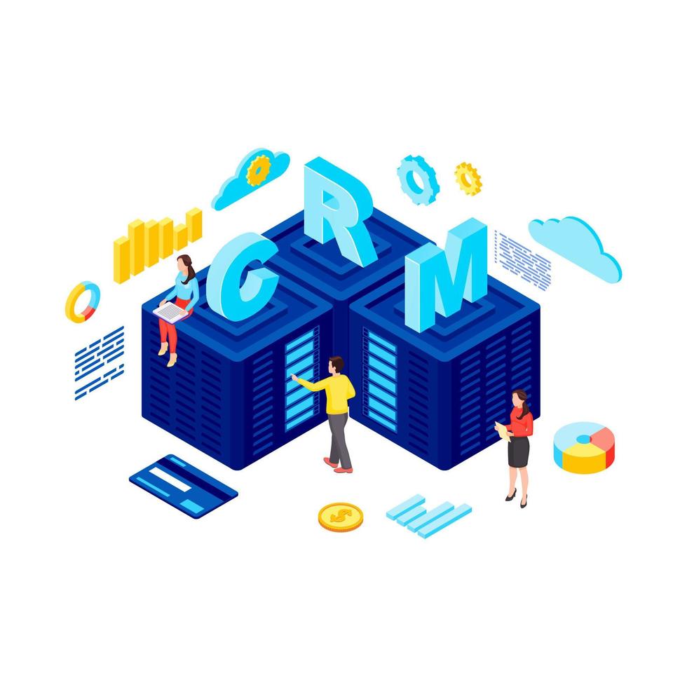 CRM hosting isometric vector illustration. Customer relationship management software 3d concept isolated on white background. Managers working with client database, servers. Marketing automation tool