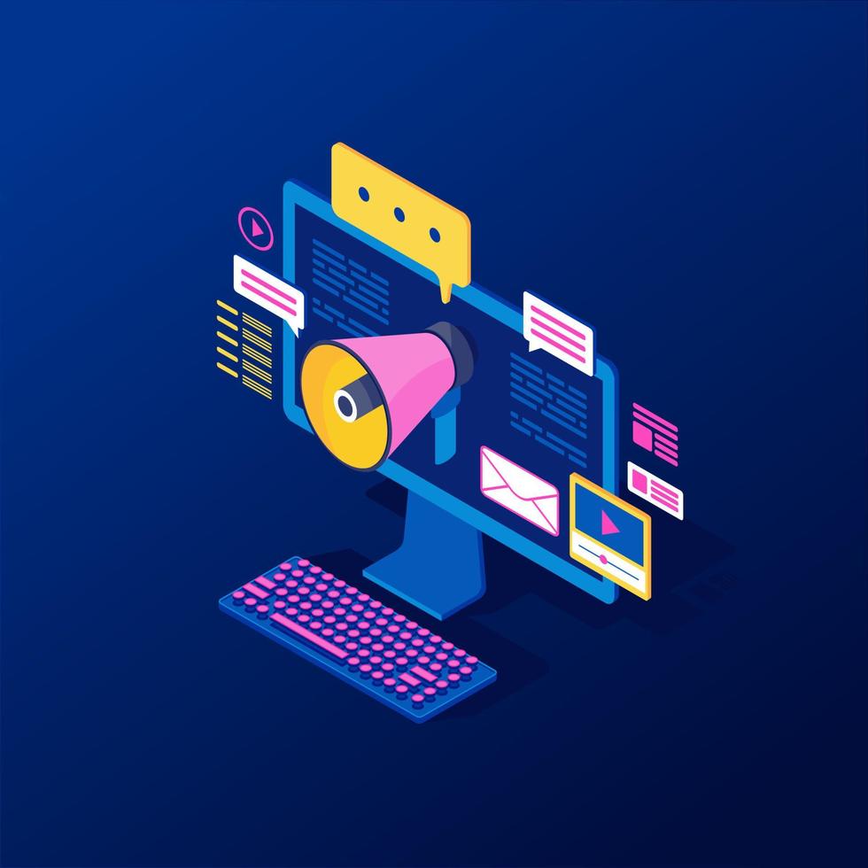 Digital, inbound marketing isometric vector illustration. Media advertising strategy, online pr campaign, promotion. Ads, content marketing 3d concept. Computer with megaphone isolated clipart