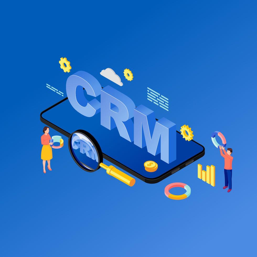 Ilustración isométrica de la aplicación de crm para teléfonos inteligentes. Aplicación móvil del sistema de gestión de relaciones con el cliente, software. automatización de marketing. Base de datos del cliente en el concepto de teléfono 3d aislado sobre fondo azul. vector