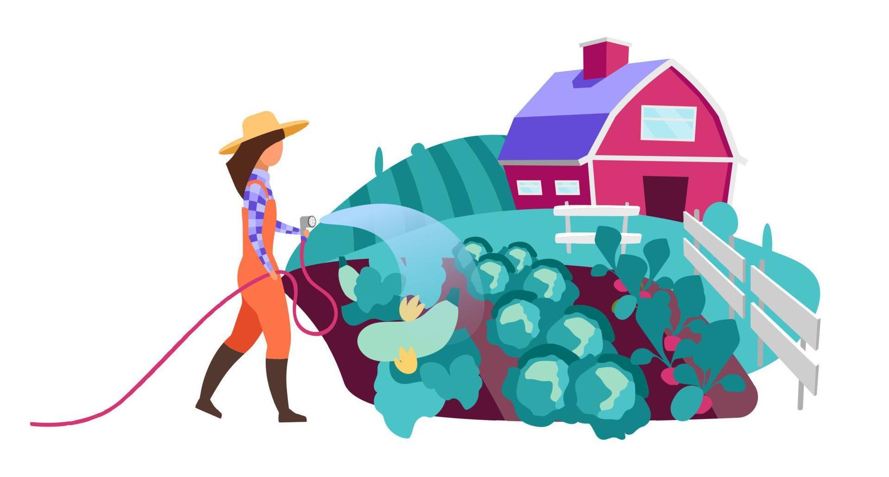 Female farmer watering vegetable garden flat vector character. Farm worker with water hose. Organic vegetable crops cultivation, planting. Farmland, village farmhouse and field cartoon illustration