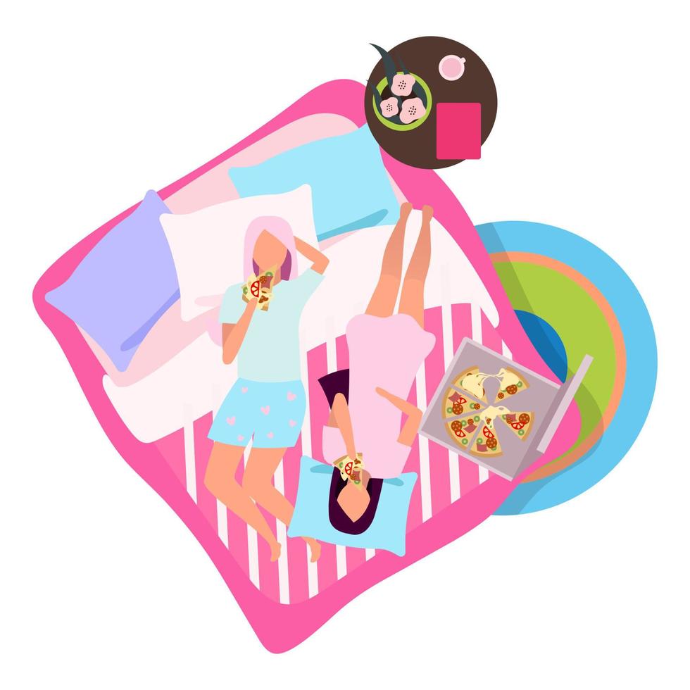 Sleepover party with pizza flat illustration. Girlfriends in pajamas on bed cartoon characters. Best girl friends spending time together, meeting. Female friendship concept. Young women slumber party vector