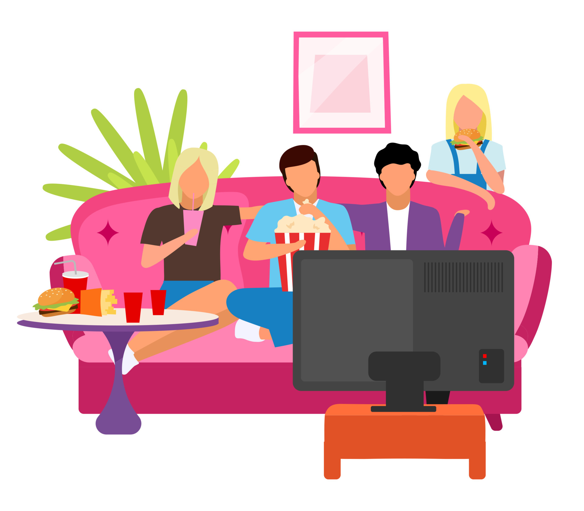 Friends together watching movie flat illustration. Guys and girls spending time, evening at home with TV cartoon characters. Students watch film. Best friends company sitting on sofa, eating snacks 4379574 Vector Art Friends together watching movie flat illustration. Guys and girls spending time, evening at home with TV cartoon characters. Students watch film. Best friends company sitting on sofa, eating snacks 4379574 Vector Art