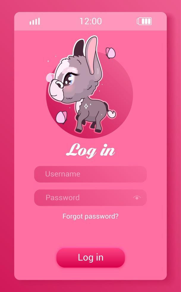 Donkey kids mobile app screen with cartoon kawaii character. Log in, create account smartphone girlish game, social media application mockup. User profile registration pink pages with animal vector