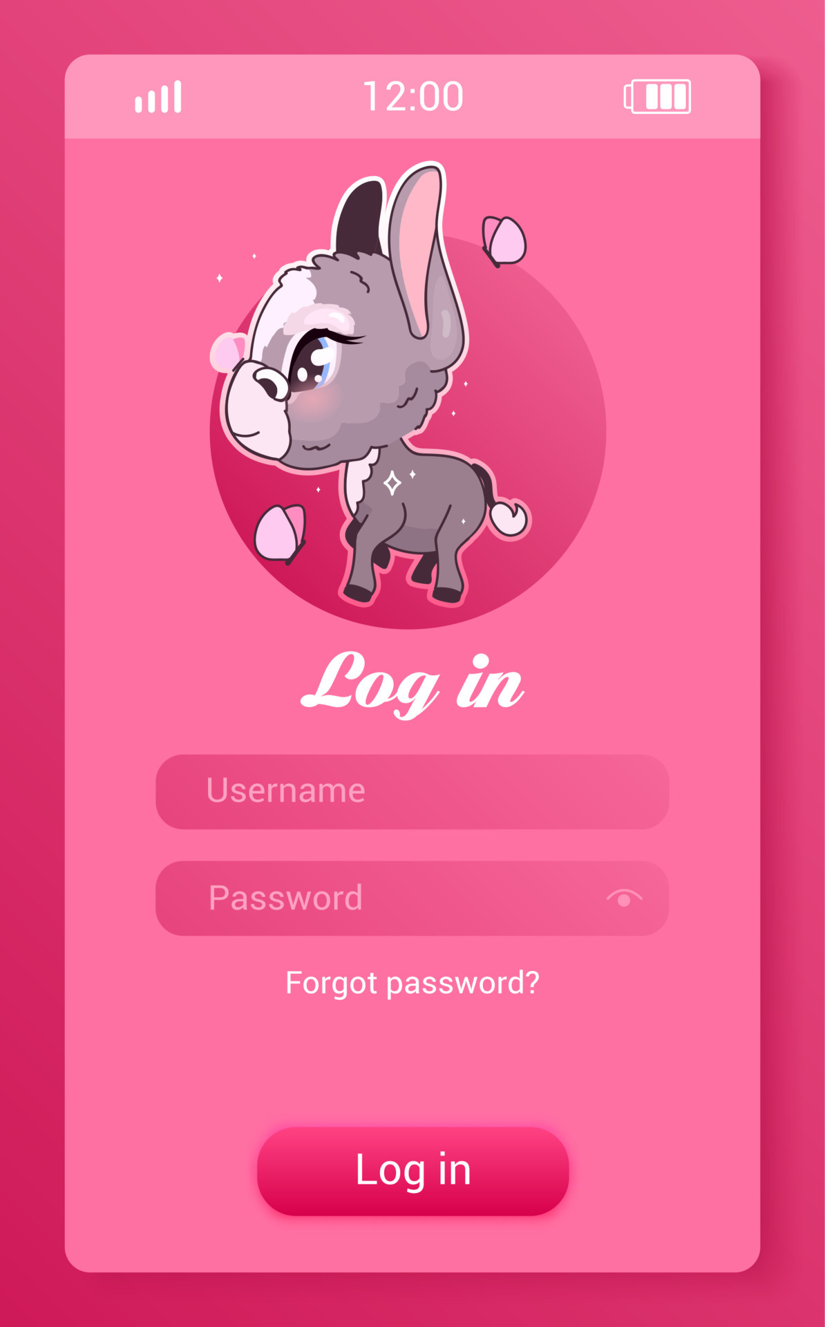 Donkey Kids Mobile App Screen With Cartoon Kawaii Character Log In Create Account Smartphone Girlish Game Social Media Application Mockup User Profile Registration Pink Pages With Animal Vector Art At Vecteezy