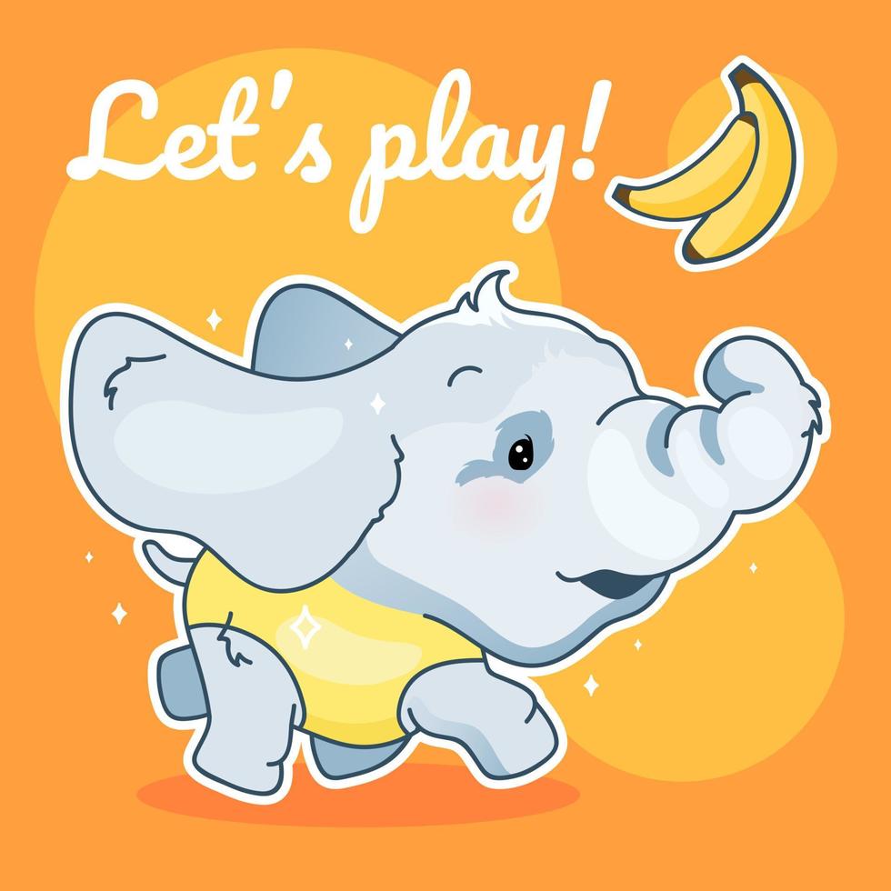 Cute elephant kawaii character social media post mockup. Lets play lettering. Positive poster, card template with zoo running animal. Social media content layout. Print, kids book illustration vector