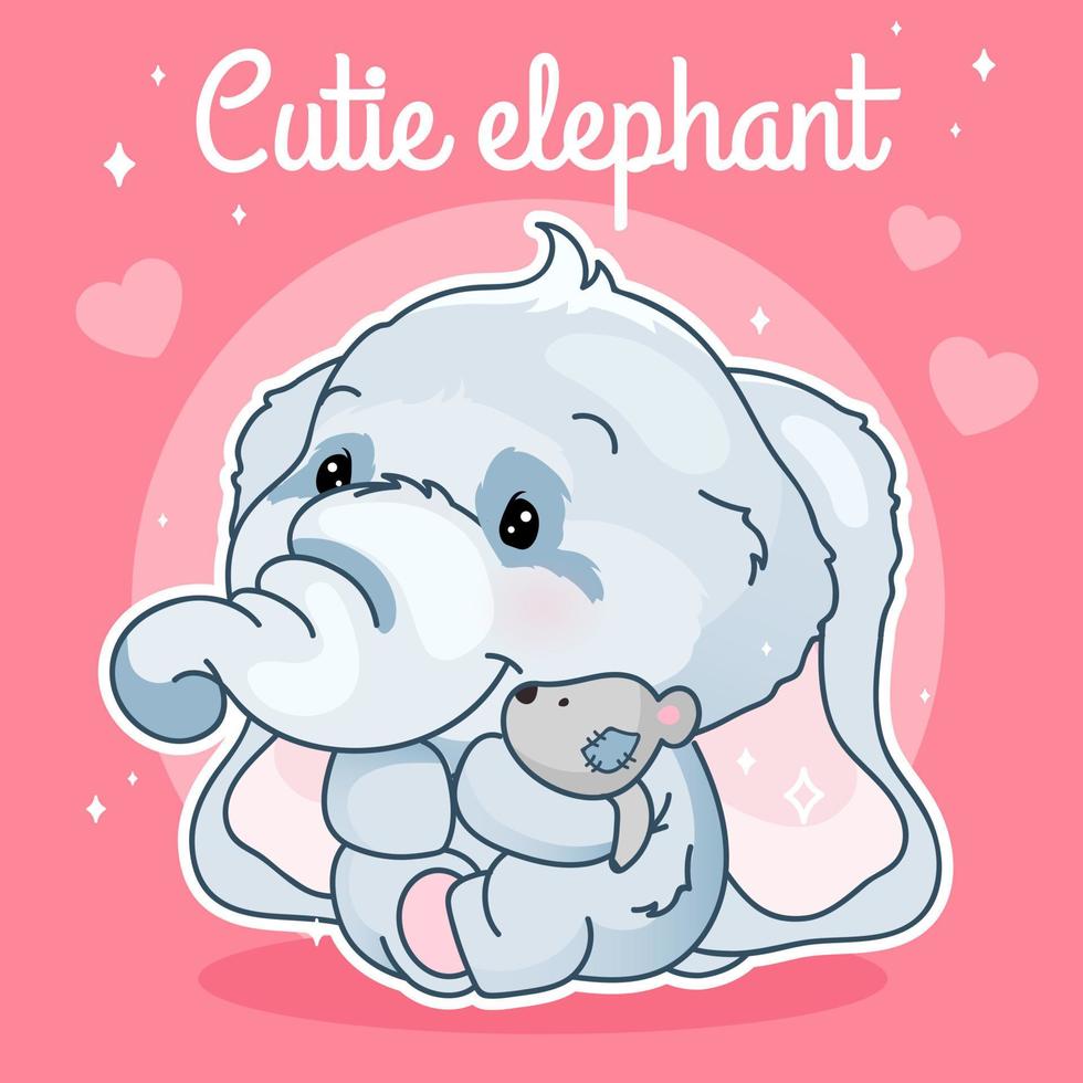 lindo elefante kawaii personaje maqueta de publicación en redes sociales. Letras de elefante cutie. Plantilla de póster positivo con animal de peluche abrazando. diseño de contenido de redes sociales. impresión, ilustración de libros para niños vector