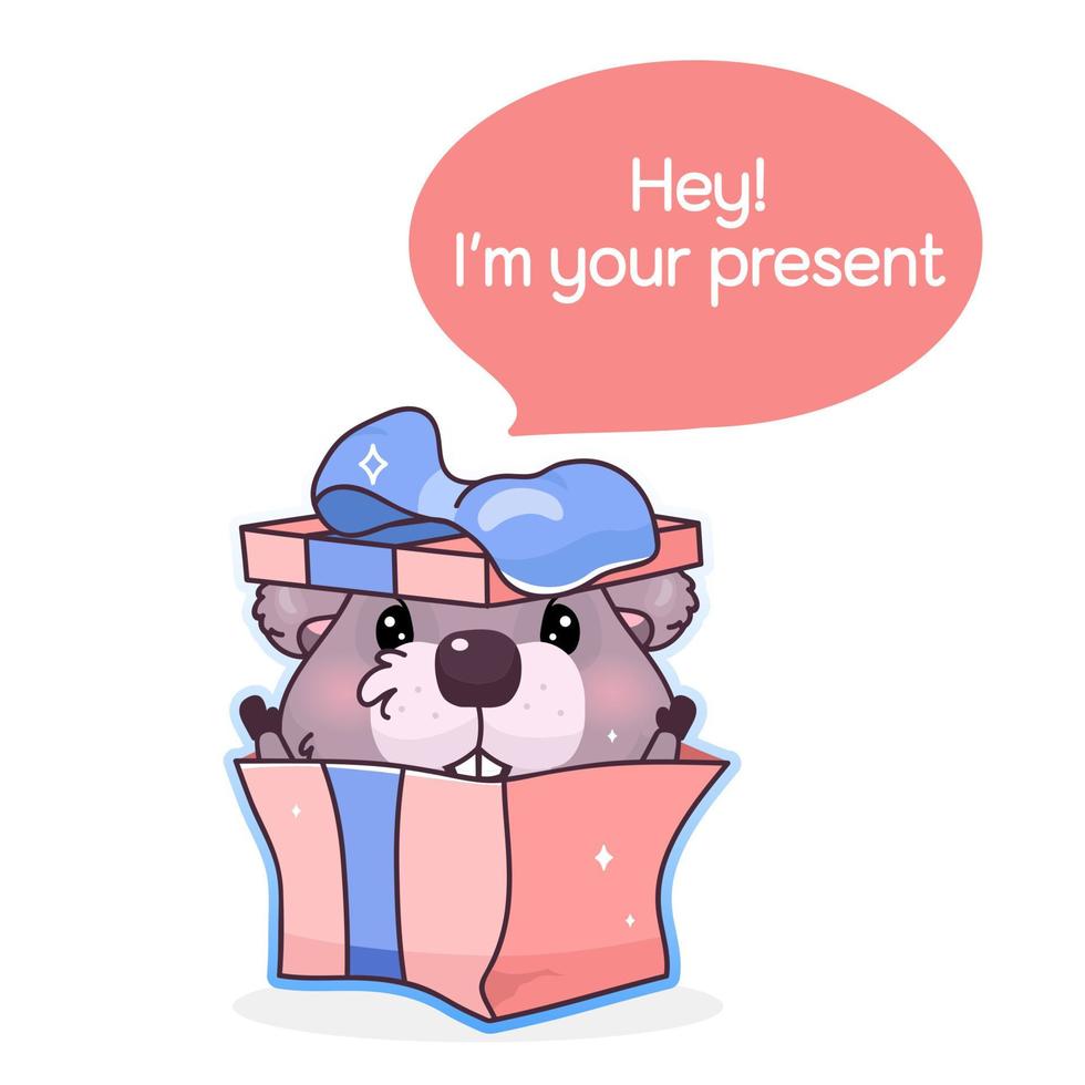 Cute beaver cartoon kawaii vector character. Hey i am your present inside speech bubble. Adorable beaver in gift box isolated sticker. Birthday present. Cartoon postcard clipart on white background