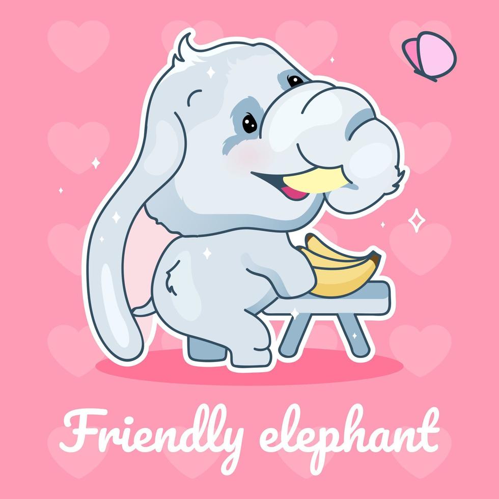 lindo elefante kawaii personaje maqueta de publicación en redes sociales. letras de elefante amigable. Plantilla de póster positivo con animal comiendo plátano. diseño de contenido de redes sociales. impresión, ilustración de libros para niños vector