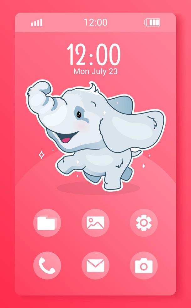 Home screen smartphone interface template with elephant kawaii character. Mobile app page pink layout. Cartoon homepage UI for kids application. Phone display with anime animal, app icons and tabs vector