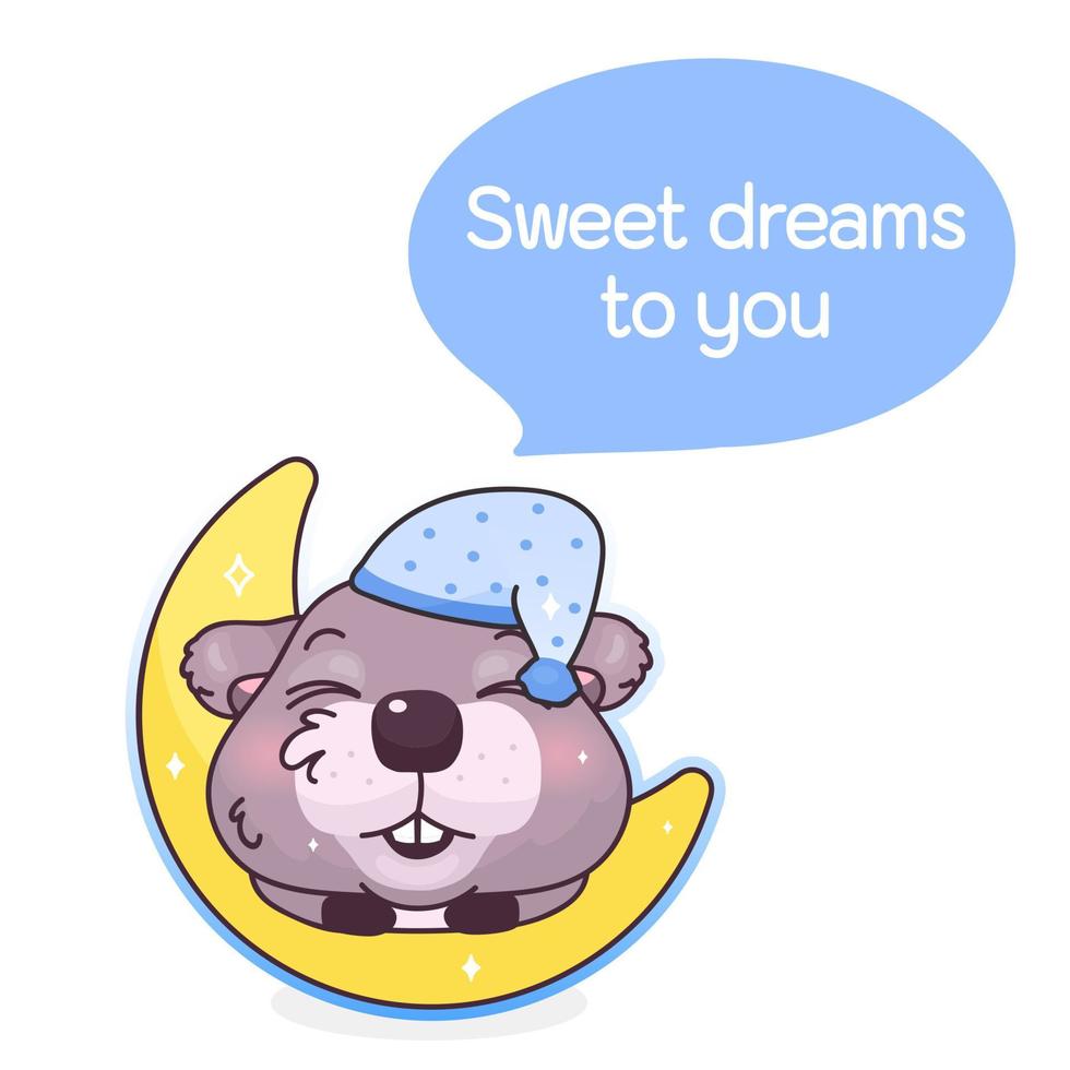 Cute beaver cartoon kawaii vector character. Sweet dreams to you phrase inside speech bubble. Sleeping beaver on moon isolated sticker. Cartoon animal postcard clipart on white background