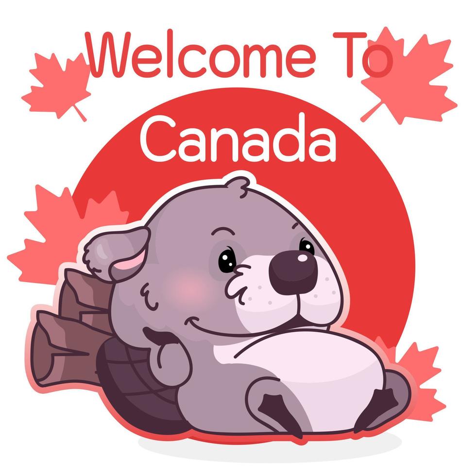 Cute lazy beaver canadian symbol kawaii character social media post mockup. Welcome to Canada typography. Poster, card template with mascot and maple leaves. Social media content, print design layout vector