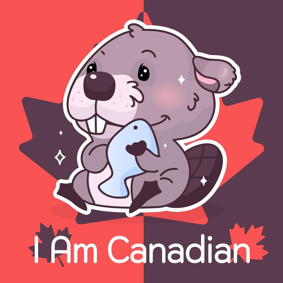 Cute beaver Canada symbol kawaii character social media post mockup. I am canadian typography. Poster, card template with mascot and maple leaves. Social media content, print design layout vector