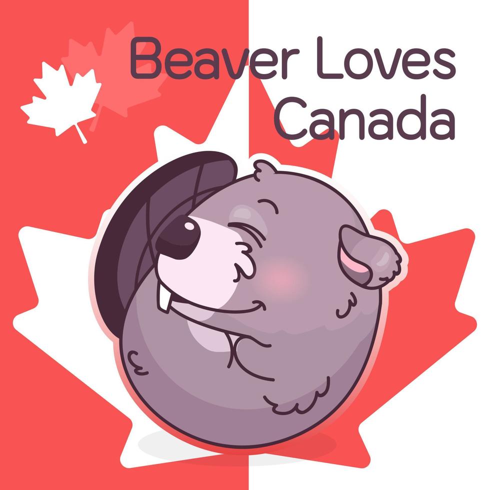 Cute beaver canadian symbol kawaii character social media post mockup. Beaver loves Canada typography. Poster, card template with mascot and maple leaves. Social media content, print design layout vector