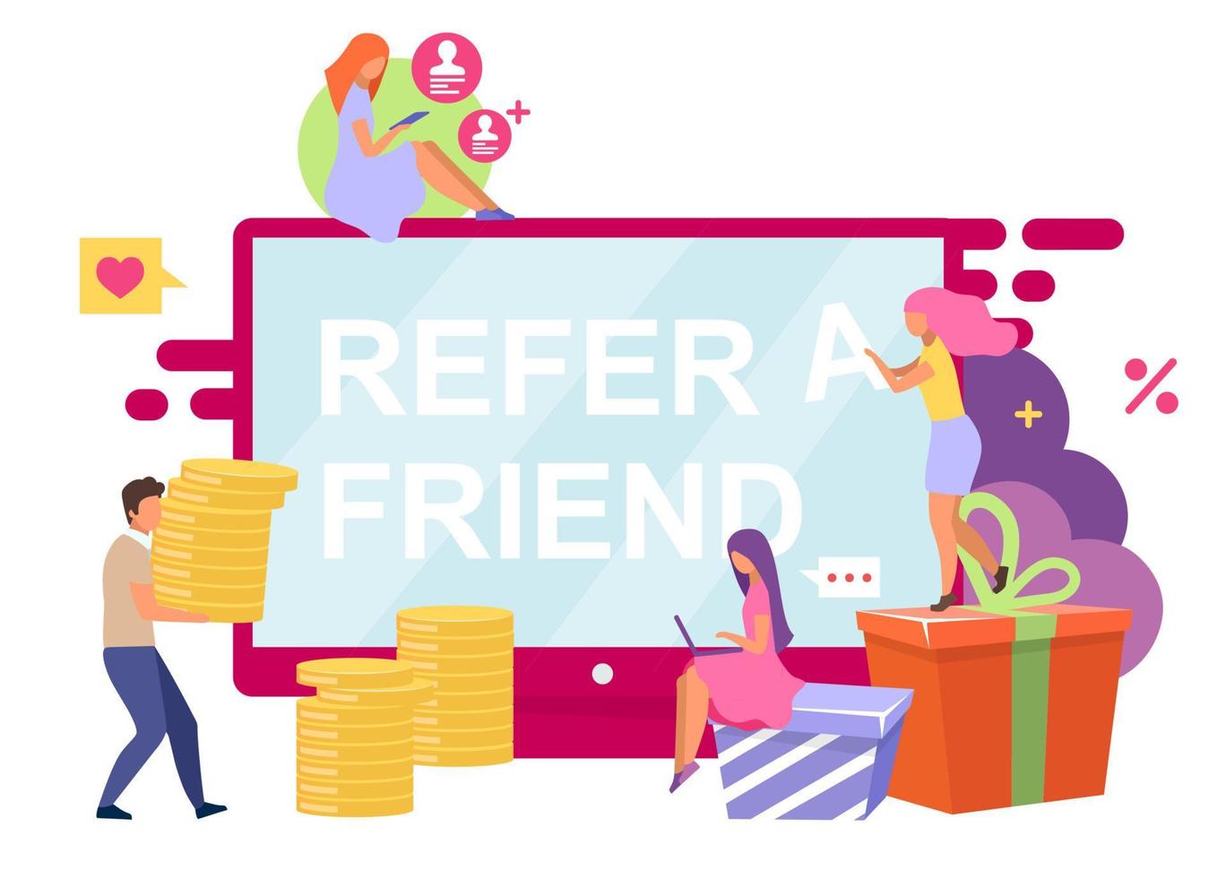 Referred customers flat vector illustration. Refer a friend cartoon concept isolated on white background. Referral program, bonuses, rewards. Influencer and viral marketing. Social sharing