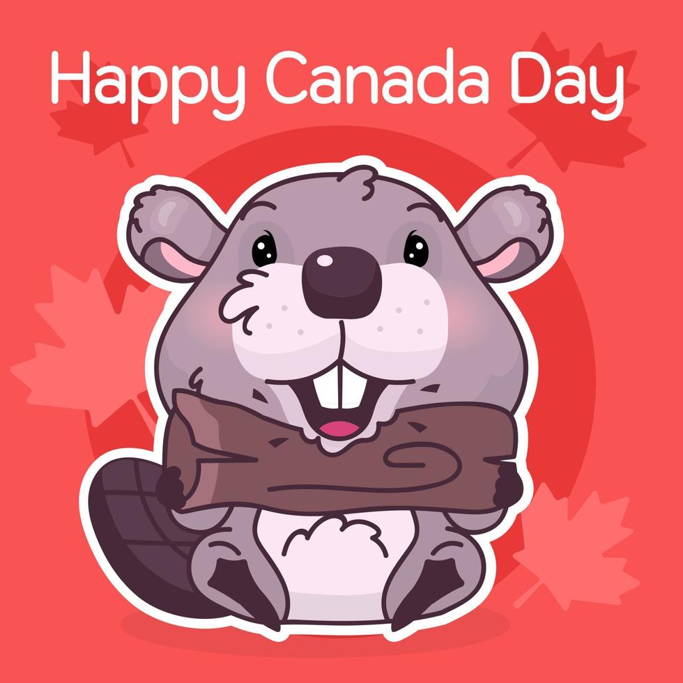 Cute beaver canadian symbol kawaii character social media post mockup. Happy Canada day typography. Poster, card template with mascot and maple leaves. Social media content, print design layout vector