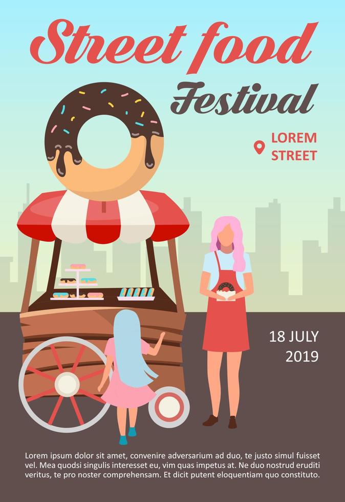 Street food festival brochure template. Bakery cart. Donuts sale flyer, booklet, leaflet concept with flat illustrations. Vector page layout for magazine. Advertising invitation with text space