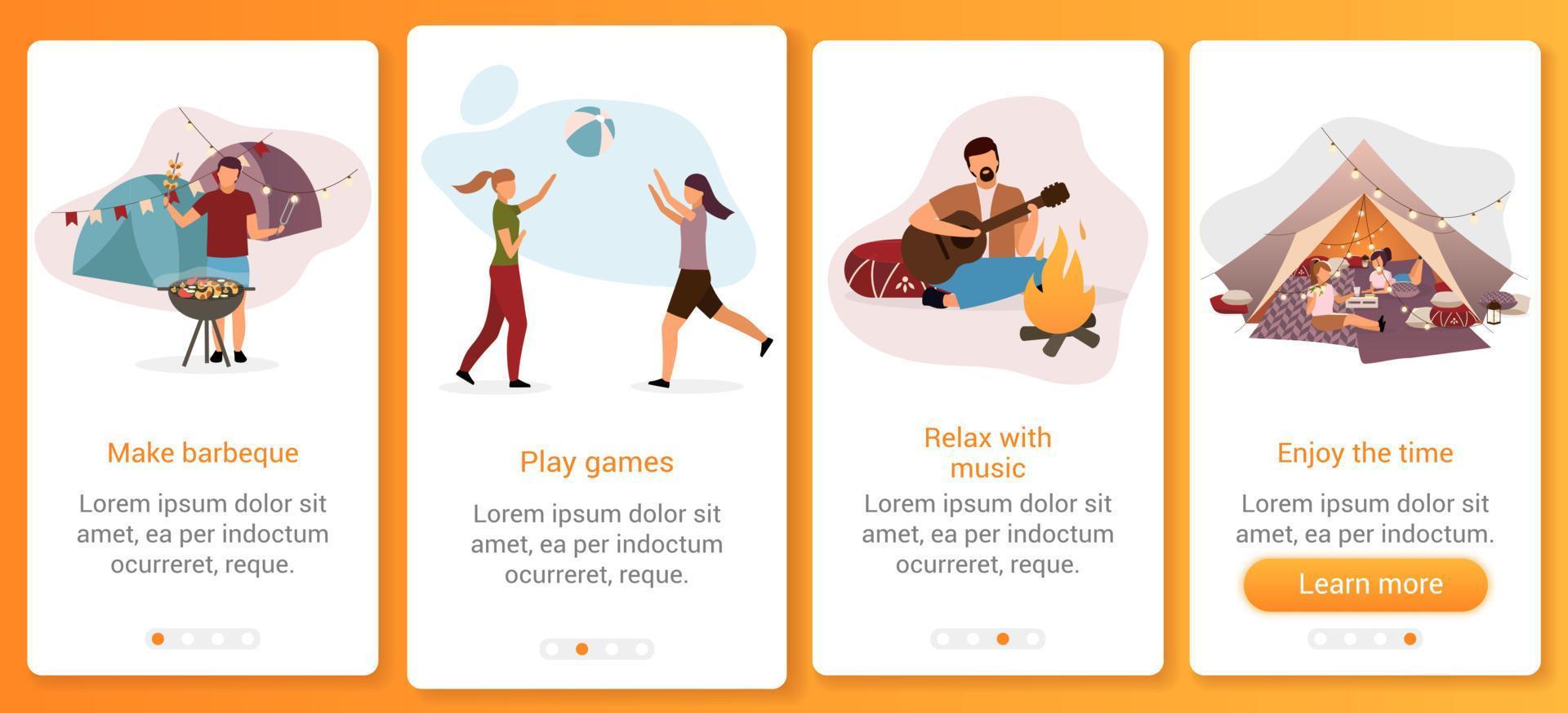 Summer camping festival onboarding mobile app screen vector template. Summertime camp activity. Walkthrough website steps with flat characters. UX, UI, GUI smartphone cartoon interface concept