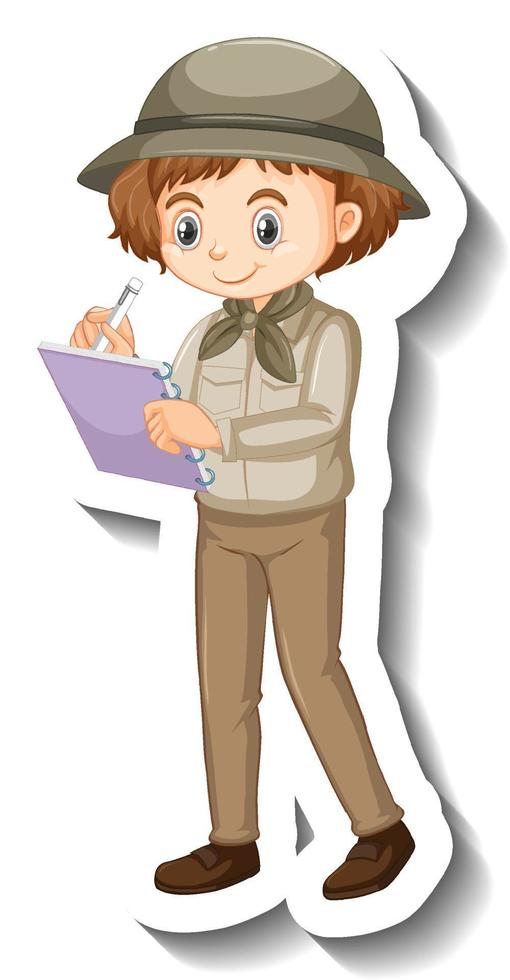 niña con traje de safari pegatina de personaje de dibujos animados vector