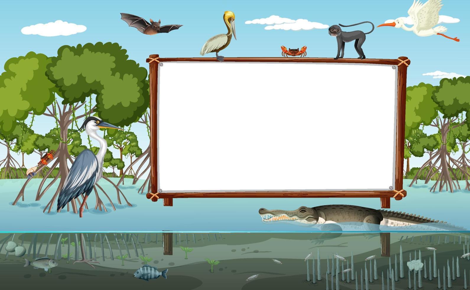 Empty banner in mangrove forest scene with wild animals vector