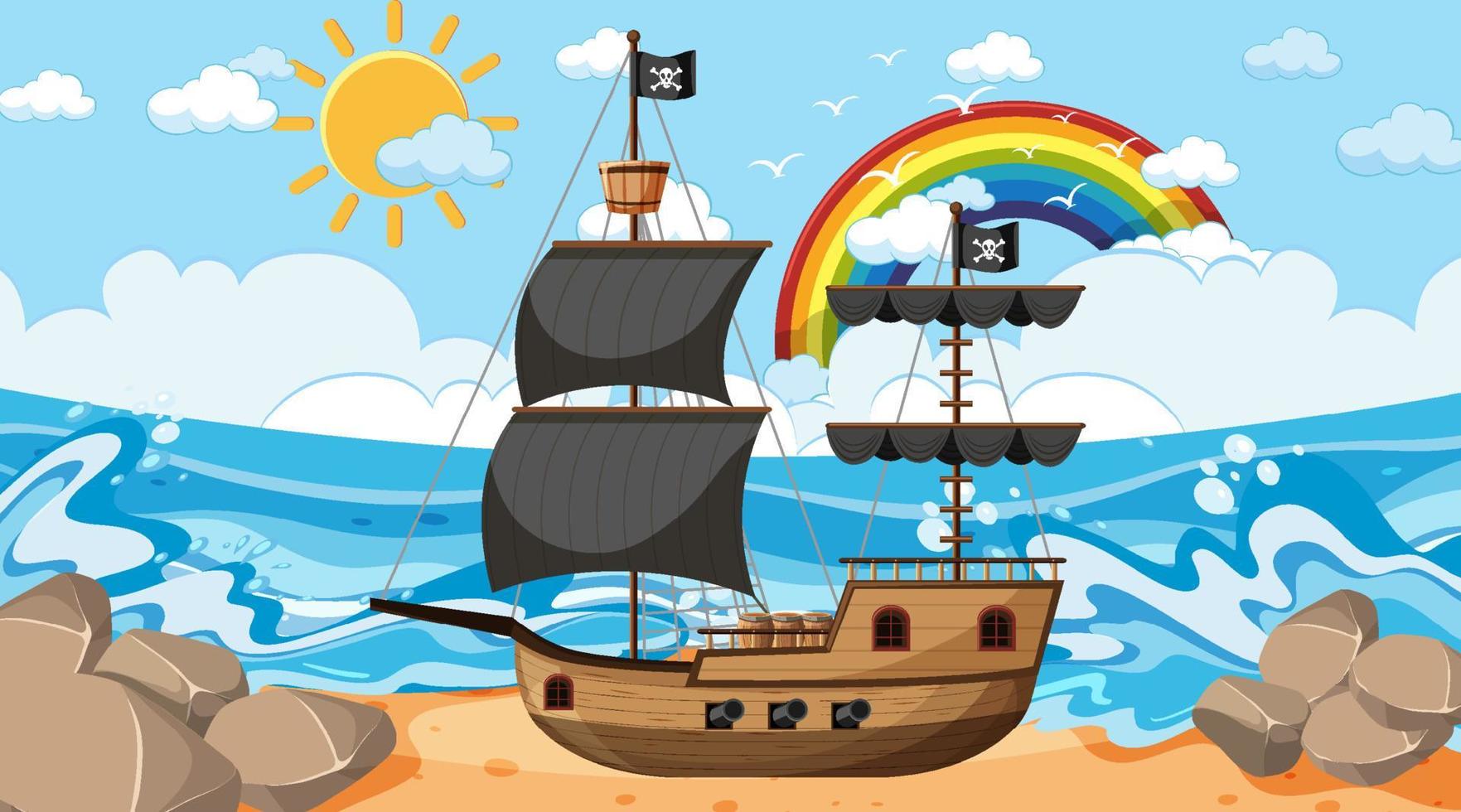océano con barco pirata en la escena diurna en estilo de dibujos animados vector